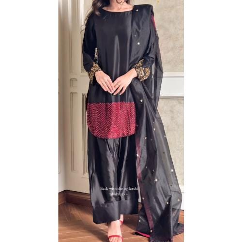 made to order Pakistani Farshi Suit: Hand-Embroidered 3-Piece Outfit red n black stunning classy eid party wear