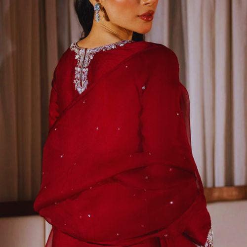 Pakistani maroon red premium Silk handwork FARSHI Shalwar Two-Piece Outfit with Organza Dupatta for EID-parties-weddings,meetups gift dawat