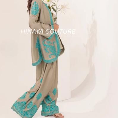 Jade Silk Farshi Shalwar 3pc Set: Embroidered Pakistani desi Outfit-best for social gathering eid parties uk indian attire
