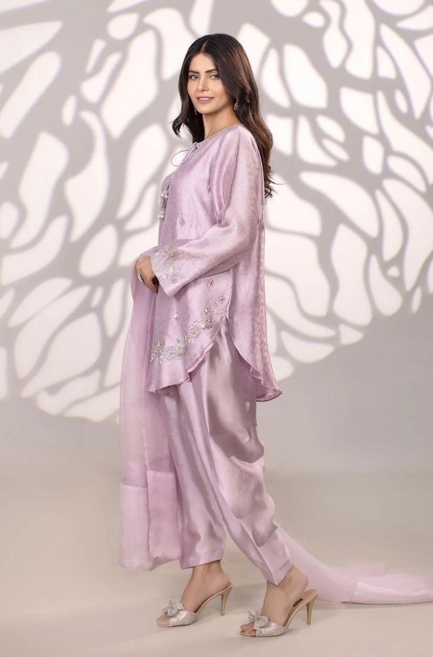 Lavender Shisha Silk Farshi Suit: 3-Piece Embroidered Pakistani Outfit for UK USA Germany Australia desi Asian attire muslims parties meetup