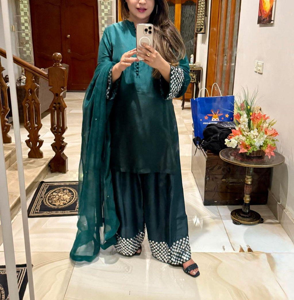 Emerald Elegance – gold sequins Work Formal Ensemble- 3piece FARSHI shalwar pakistani indian suit best for UK-USA-Canadian-Europe lovers