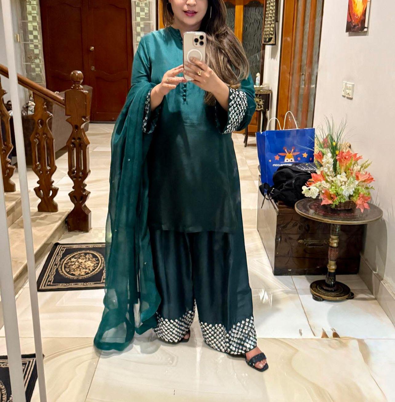 Emerald Elegance – gold sequins Work Formal Ensemble- 3piece FARSHI shalwar pakistani indian suit best for UK-USA-Canadian-Europe lovers
