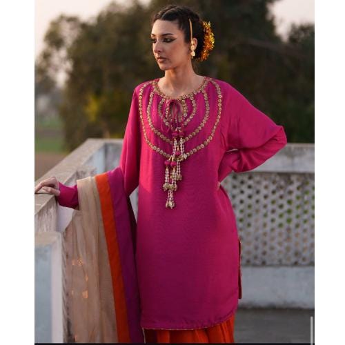 Pakistani Gota Embellished Farshi Shalwar Set: Orange & Fuchsia pink Wedding Outfit,eid party wear for uk,usa,Canadian n Australian lovers