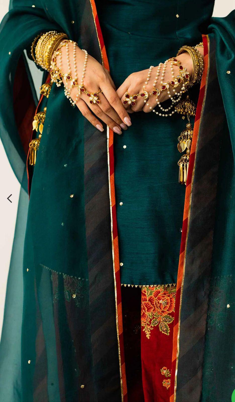 Pakistani Luxury 3-Piece Formal Wear | celebrity Inspired FARSHI Shalwar Set, stunning bloodred and emerald green classy eid n party wear