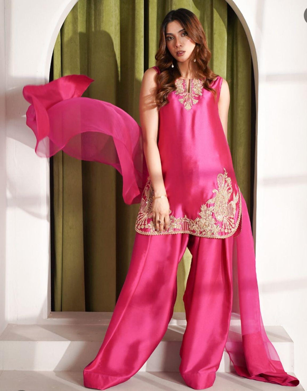 Fuchsia Pink Pakistani Farshi Shalwar Suit: Handcrafted Raw Silk, Gold Zardozi, indian desi punjabi attire,pure adda work