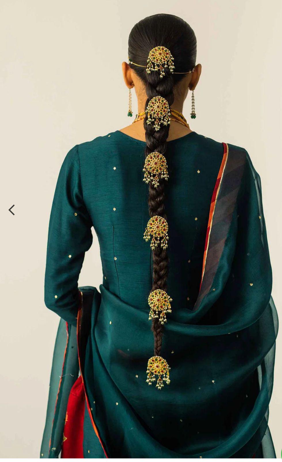 Pakistani Luxury 3-Piece Formal Wear | celebrity Inspired FARSHI Shalwar Set, stunning bloodred and emerald green classy eid n party wear