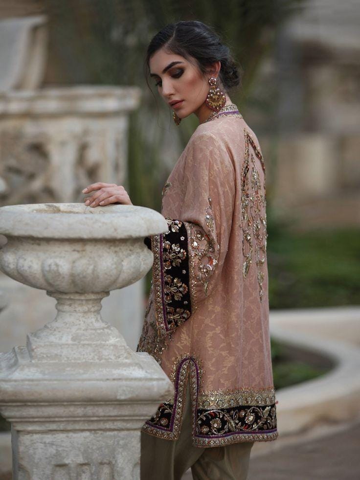 Pakistani 3Piece Eid Outfit:Velvet Zardozi handembroidery Jamawar shirt,sheesha silkTulip Pants,chiffon emb dupatta asian indian uk clothing