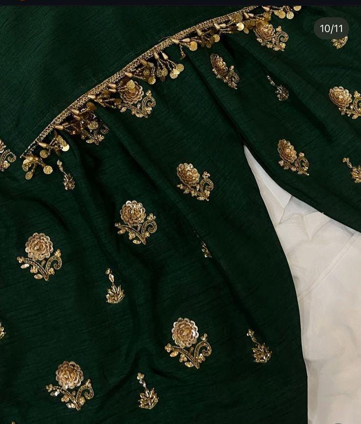Embroidered Silk Farshi Shalwar Kameez with laces n nice tassels Bottle Green Pakistani Outfit,UK fashion-desi attire,usa parties