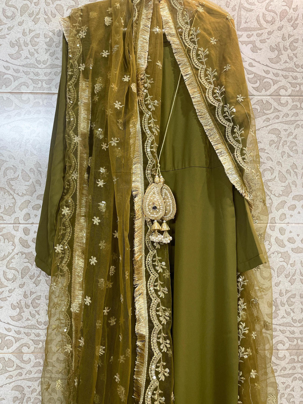 Pakistani Olive Green Angrakha-Anarkali Frock: desi asian Maxi Dress with Sequin Dupatta indian punjabi lovers
