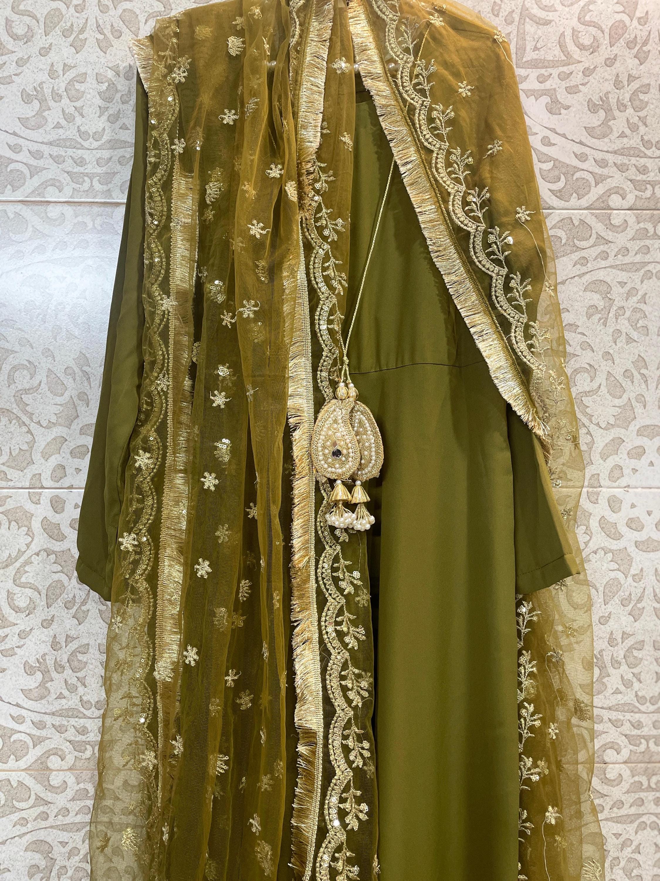 Pakistani Olive Green Angrakha-Anarkali Frock: desi asian Maxi Dress with Sequin Dupatta indian punjabi lovers