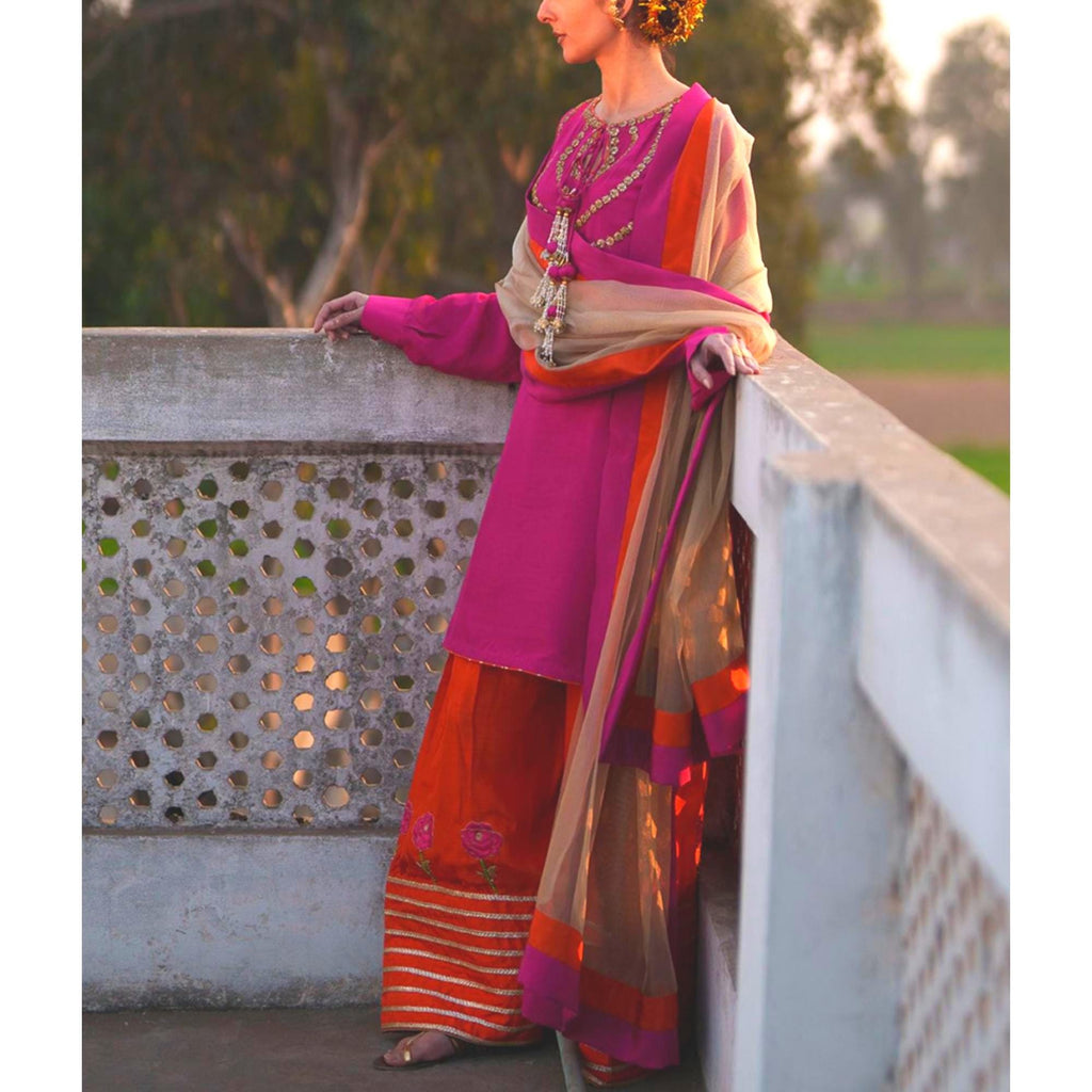 Pakistani Gota Embellished Farshi Shalwar Set: Orange & Fuchsia pink Wedding Outfit,eid party wear for uk,usa,Canadian n Australian lovers
