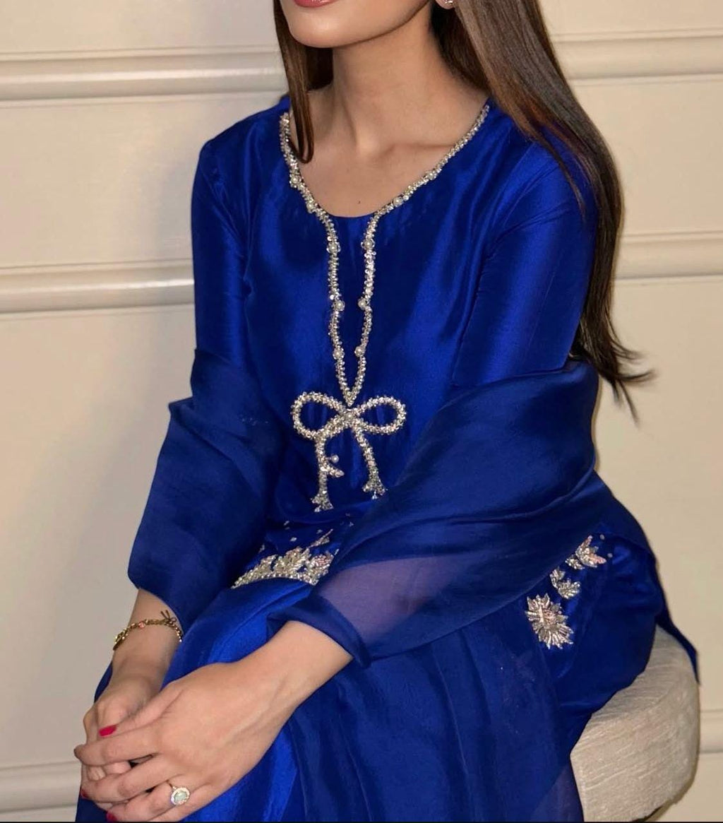 Pakistani Royal-electric Blue Handcrafted Silk Ensemble with Bow Neckline & eid Farshi Shalwar desi asian attire foruk usa europe people