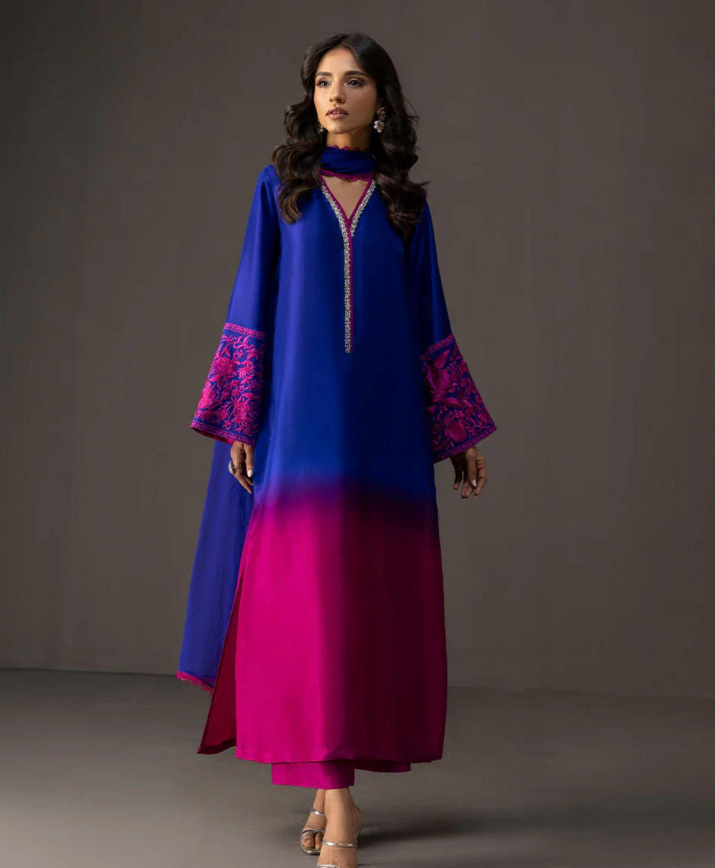 pakistani Ombre Elegance Farshi/long Suit with Embroidered Stone Neckline & Chiffon Dupatta lacing all round