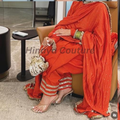 Fanta bright Orange Farshi pakistani-indian Dhoti Punjabi Suit: Hand-Mirrored Indo pakistani Wedding-party wear