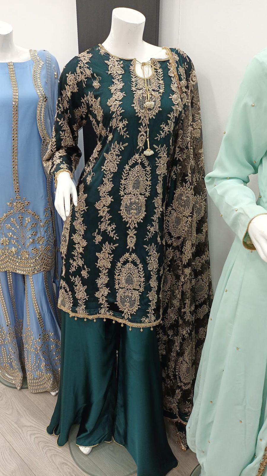 pakistani party wear shadi/wedding/nikah 3 piece plazo-garara-farshi shalwar lehenga garara embroidered suit