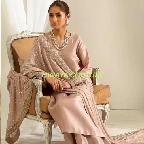 Shesha Silk Pakistani 3Piece Suit Kundan Dupatta,handwork lacing on shirtwide leg bottoms n sleeves,farshi shalwar Eid gift indianpakistani