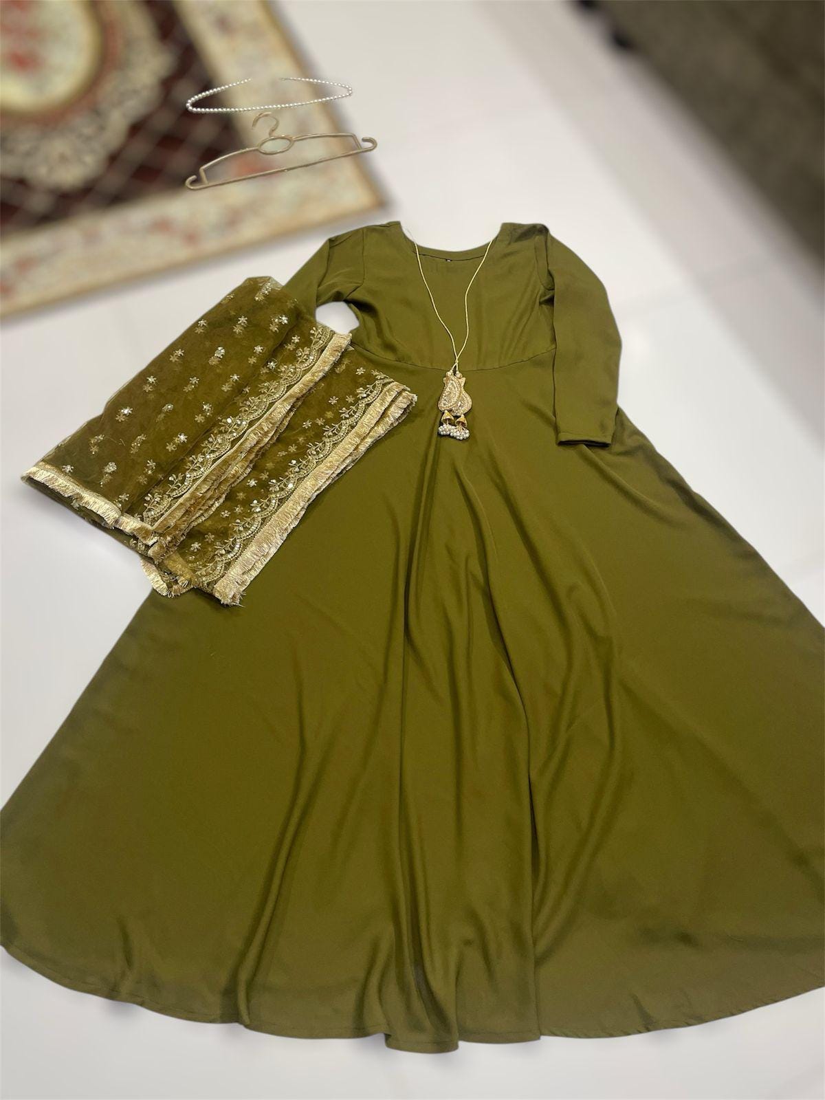 Pakistani Olive Green Angrakha-Anarkali Frock: desi asian Maxi Dress with Sequin Dupatta indian punjabi lovers