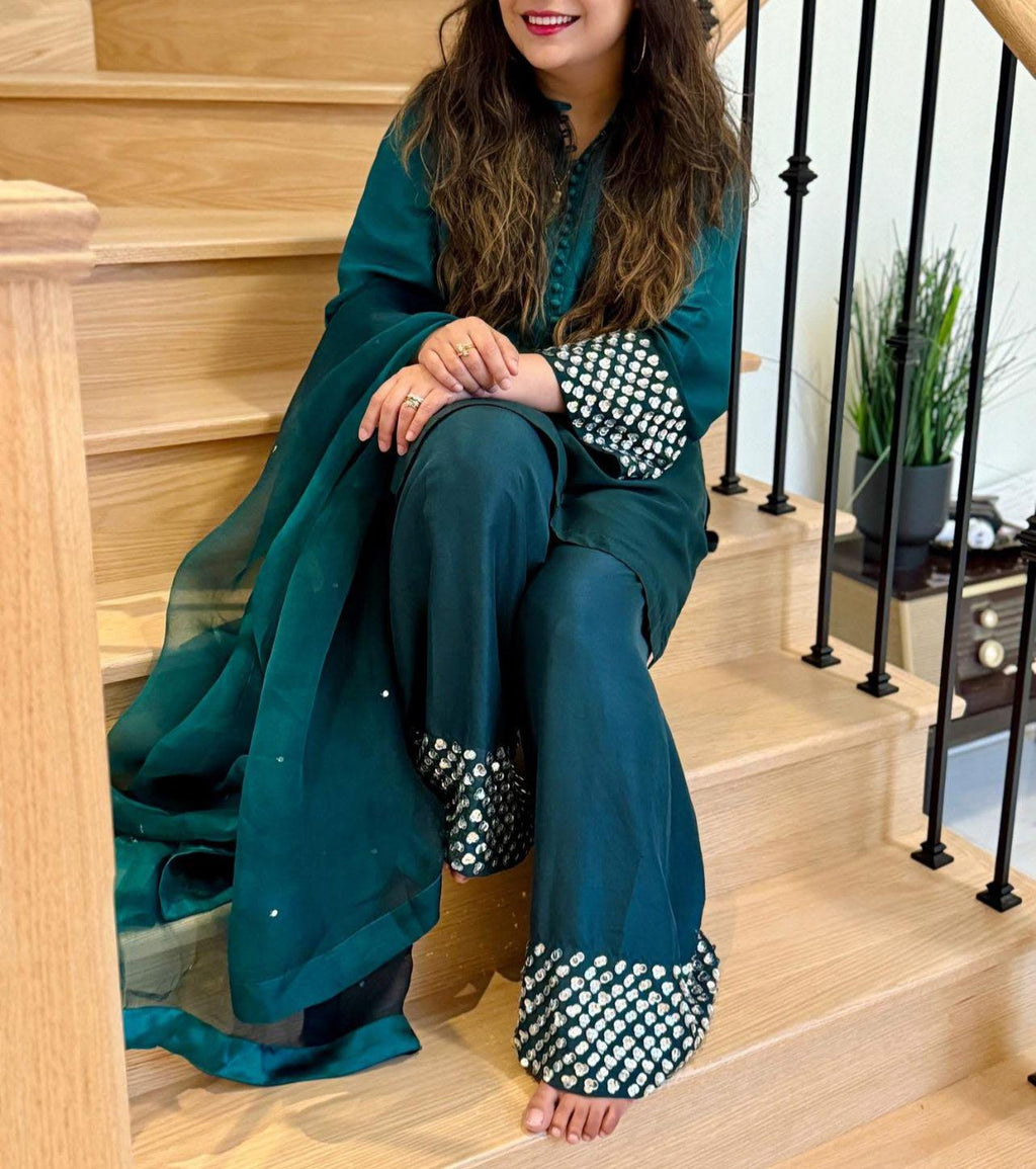 Emerald Elegance – gold sequins Work Formal Ensemble- 3piece FARSHI shalwar pakistani indian suit best for UK-USA-Canadian-Europe lovers