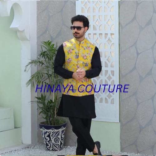 Jet Black men pakistani n indian Shalwar Kurta with Black & Yellow Embroidered Waistcoat
