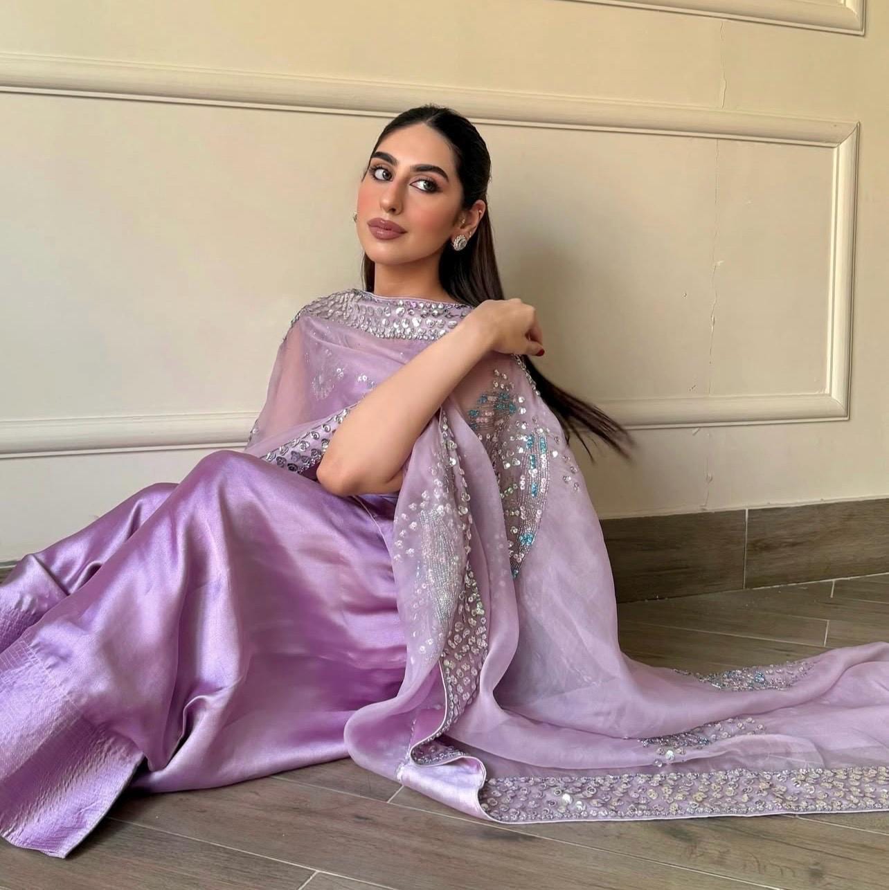 Luxury Pakistani Farshi Shalwar Suit | Sheesha Silk & Organza | Handmade rhinestones sequins