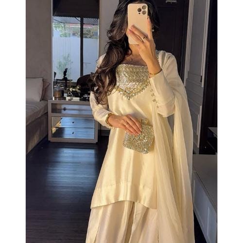 Pakistani indian Luxury FARSHI shalwar Mirror Work Dress in Shisha Silk – Ivory/White Eid & Wedding Ensemble,viral trending with laces