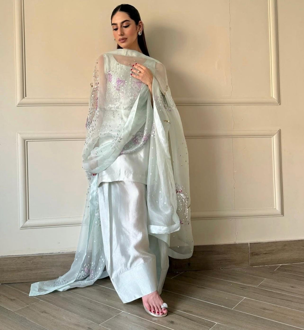 Luxury Pakistani Farshi Shalwar Suit | Sheesha Silk & Organza | Handmade rhinestones sequins