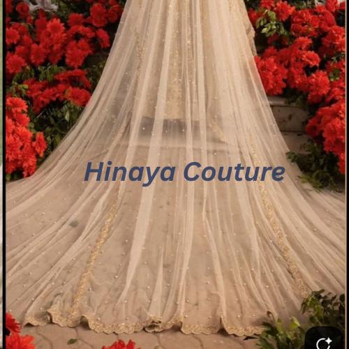 Exquisite Asian Bridal Dupatta / Veil, with scallop lace, aari,sequins,pearls work. Delicately handcrafted to perfection long trail