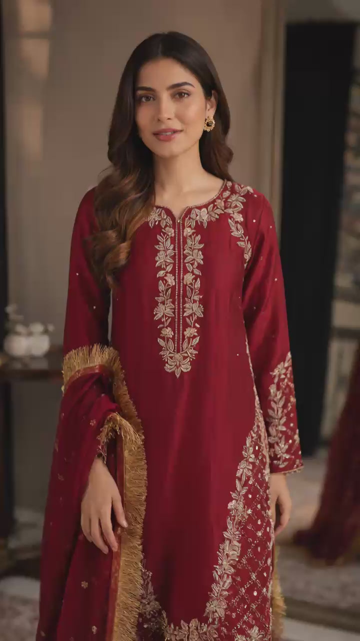 Deep Red Festive Plazo Suit with Kiran Dupatta