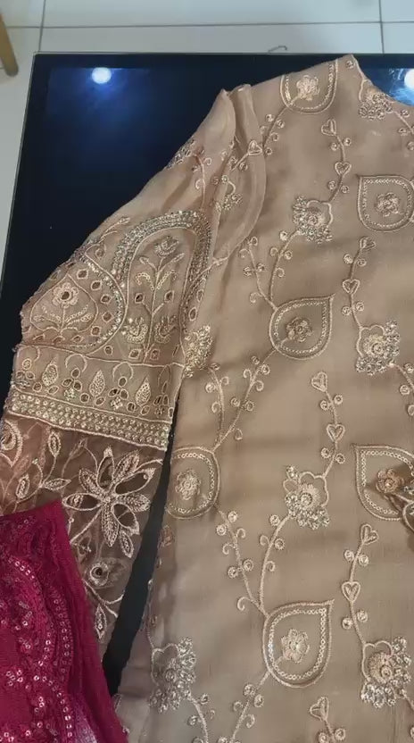 Embroidered Tan & Maroon 3-Piece Festive Outfit