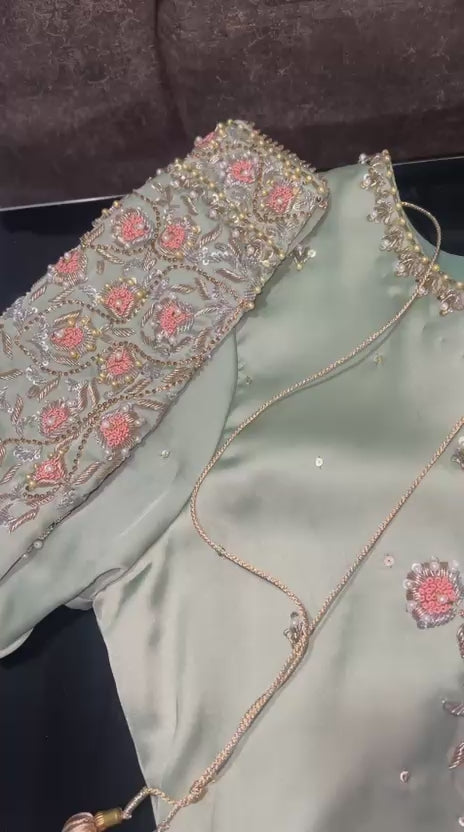Hinaya Luxe Raw Silk Sharara Set – Mint Green / Peach